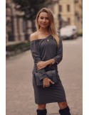 Rochie gri închis cu talie cravată 9729 - Magazin online - Boutique